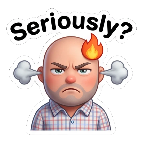 Bald man looking angry with fire and steam vents. Bald Guy Daily Vibes sticker for expressive chats and social replies.