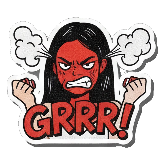 Girl with red face and steam from ears, text GRRR! Retro Comic Girl Expressions sticker for expressive chats and social replies.