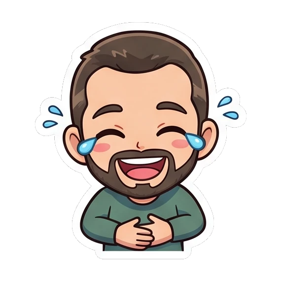 Bearded man laughing with tears of joy Cheerful Bearded Guy sticker for expressive chats and social replies.
