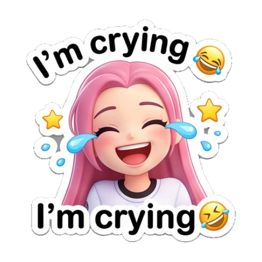 Pink-haired girl laughing with tears of joy and text I'm crying Pinky Pop Adventures sticker for expressive chats and social replies.