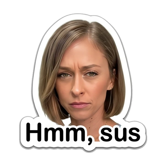 Woman looking suspicious with text 'Hmm, sus' Daily Life of a Modern Woman sticker for expressive chats and social replies.