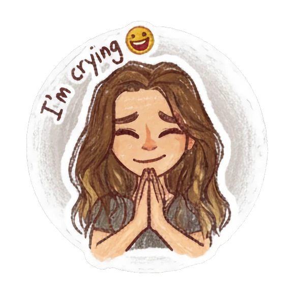 Happy girl with hands together in prayer pose with text I am crying Curly Haired Girl Daily Vibes sticker for expressive chats and social replies.