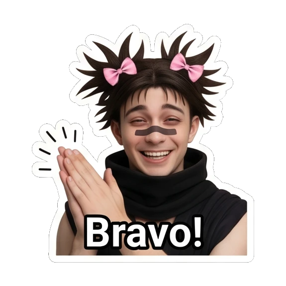 Excited young man clapping hands with text Bravo! Spiky Hair Boy Reactions sticker for expressive chats and social replies.
