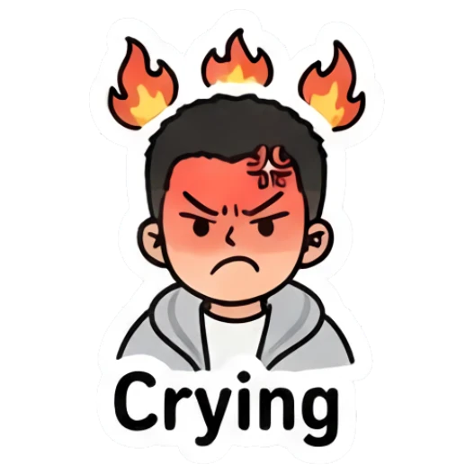 Boy with flaming hair and angry face, labeled Crying. Casual Boy Daily Vibes sticker for expressive chats and social replies.
