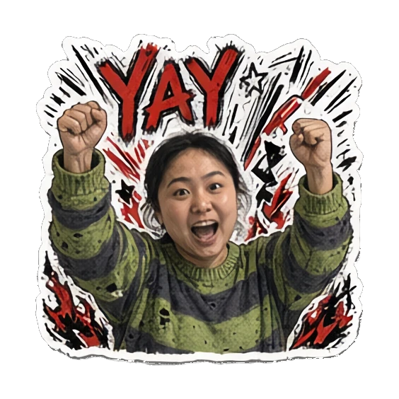 年轻女性双手握拳欢呼，表情兴奋，文字YAY Punk Girl Daily Vibes sticker for expressive chats and social replies.