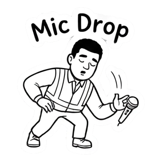 Man in safety vest dropping a microphone with text Mic Drop Working Guy Daily Vibes sticker for expressive chats and social replies.