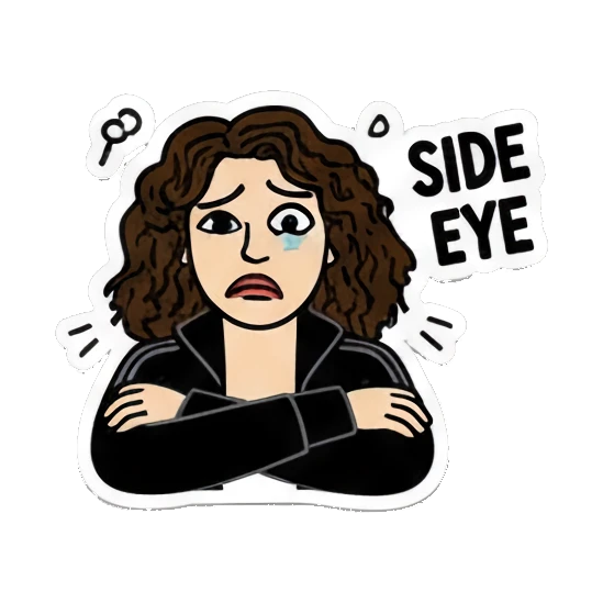 Curly-haired girl giving a side eye look with text SIDE EYE Curly Hair Girl Daily Vibes sticker for expressive chats and social replies.