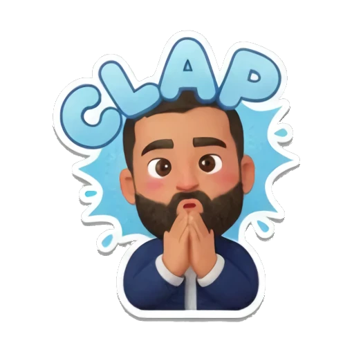 胡子大叔鼓掌，表情专注，带有CLAP文字 Bearded Man Daily Expressions sticker for expressive chats and social replies.