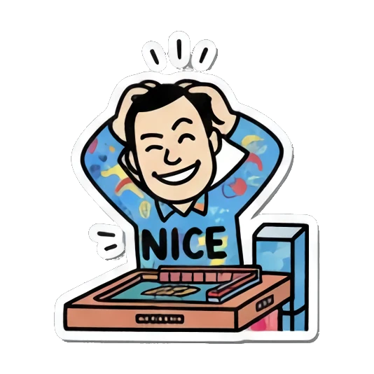 Man holds head with 'NICE' text, looking satisfied at table. Mahjong Master Daily sticker for expressive chats and social replies.
