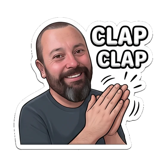 Bearded man clapping hands enthusiastically. Bearded Guy Daily Vibes sticker for expressive chats and social replies.