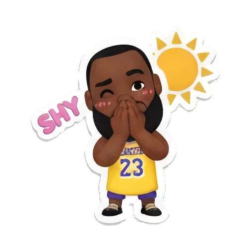 詹姆斯双手捂脸害羞，旁边有太阳装饰，左侧有SHY文字 King James Court Vibes sticker for expressive chats and social replies.