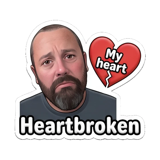 Bearded man looking sad with a broken heart icon. Bearded Guy Daily Vibes sticker for expressive chats and social replies.