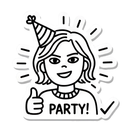 派对女孩，文字PARTY Line Art Emotion Stickers sticker for expressive chats and social replies.