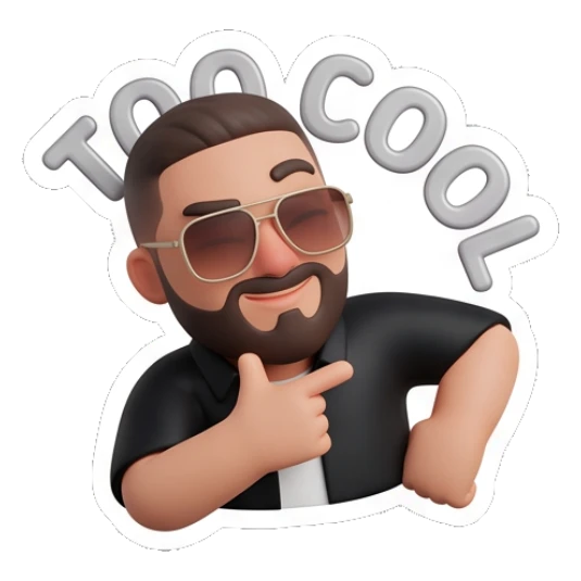 Cool bearded man with sunglasses pointing to the side, TOO COOL Bearded Buddy Daily Vibes sticker for expressive chats and social replies.