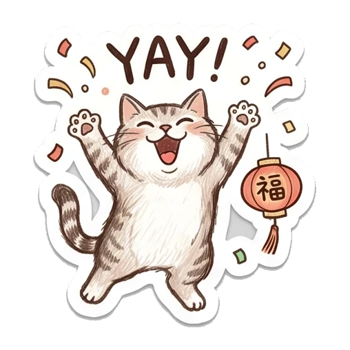 Happy cat celebrating with lantern Cozy Tabby Doodle Life sticker for expressive chats and social replies.