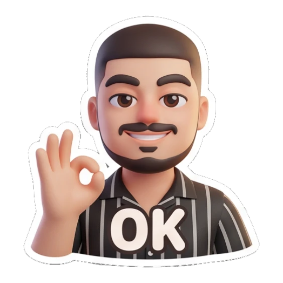 Bearded man making an OK hand gesture with 'OK' text. Modern Bearded Guy sticker for expressive chats and social replies.