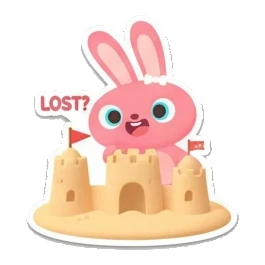 Pink bunny standing by a sandcastle, Lost text. Pink Bunny Beach Day sticker for expressive chats and social replies.