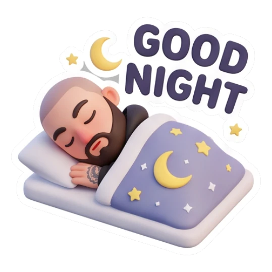 Bearded man sleeping in bed with moon, text GOOD NIGHT Bearded Guy Daily Vibes sticker for expressive chats and social replies.