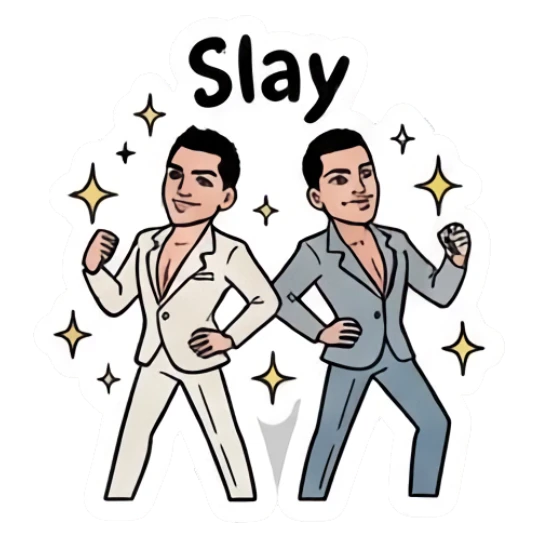 Twin brothers posing confidently with 'Slay' text. Twin Brothers Daily Vibe sticker for expressive chats and social replies.