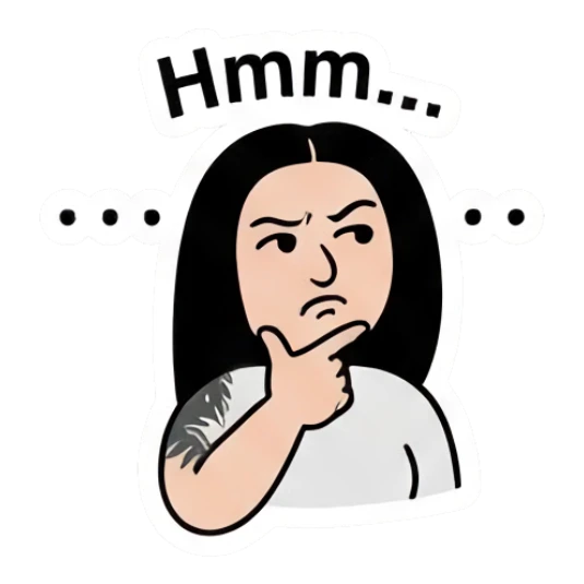 Thoughtful girl resting chin on hand saying Hmm. Cool Girl Daily Vibes sticker for expressive chats and social replies.