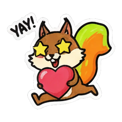 Squirrel cheering 'YAY!' with stars in eyes and a heart. Cute Squirrel Daily Fun sticker for expressive chats and social replies.