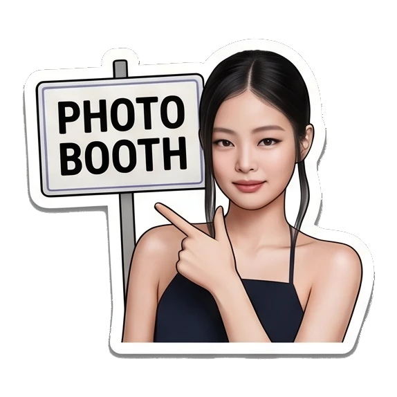 Young woman pointing at photo booth sign, text PHOTO BOOTH Jennie Birthday Party Vibes sticker for expressive chats and social replies.
