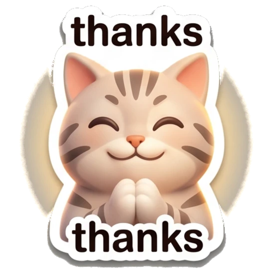 Grateful gray tabby cat with hands together and text 'thanks' Cheerful Gray Tabby Cat sticker for expressive chats and social replies.