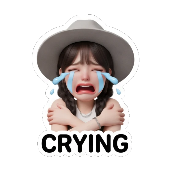 Girl with hat crying loudly, text CRYING Chic Hat Girl Expressions sticker for expressive chats and social replies.