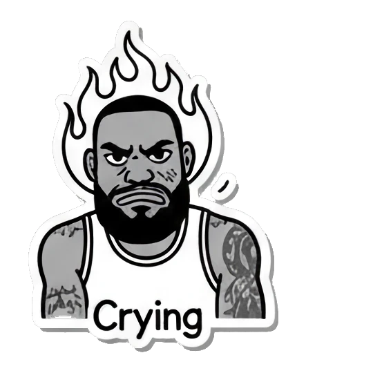 Basketball player with flames around head, looking intense, text Crying. King James Pop Art Vibes sticker for expressive chats and social replies.