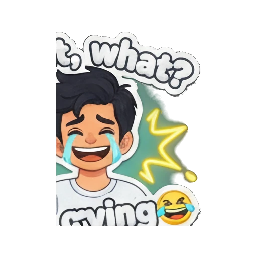 Boy laughing with tears and text Wait what I am crying Playful Boy Daily Vibes sticker for expressive chats and social replies.
