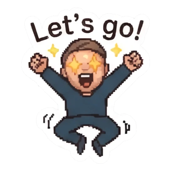 Energetic man jumping with excitement. Pixel Guy Daily Vibes sticker for expressive chats and social replies.