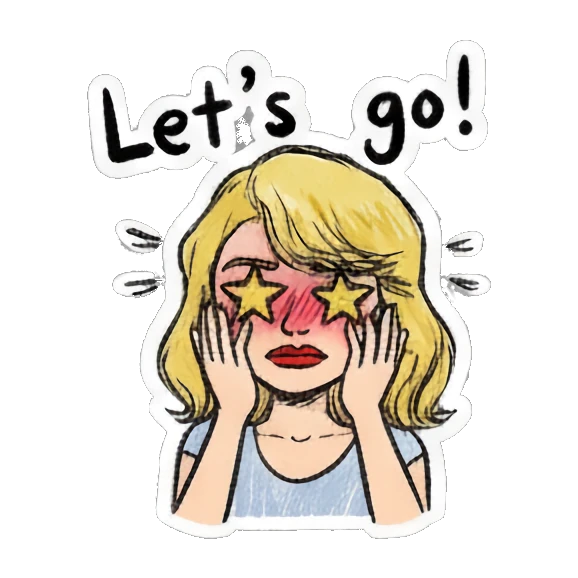 Blonde girl with star eyes and hands on face with text Let's go Blonde Girl Doodle Diary sticker for expressive chats and social replies.