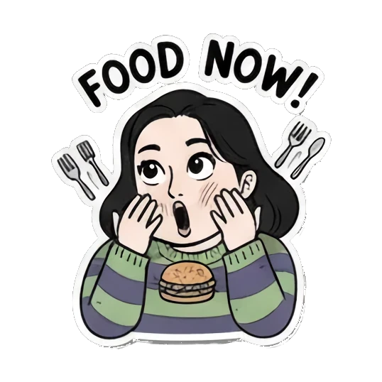 想吃东西FOOD NOW Cartoon Girl Expressions sticker for expressive chats and social replies.