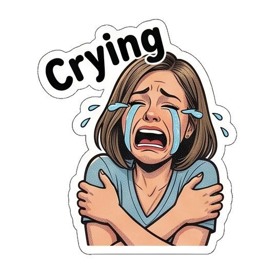 Woman crying with arms crossed, text Crying Retro Comic Office Lady sticker for expressive chats and social replies.