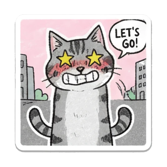 Tabby cat looking excited with star eyes and text LETS GO. Doodle Tabby Cat Daily sticker for expressive chats and social replies.