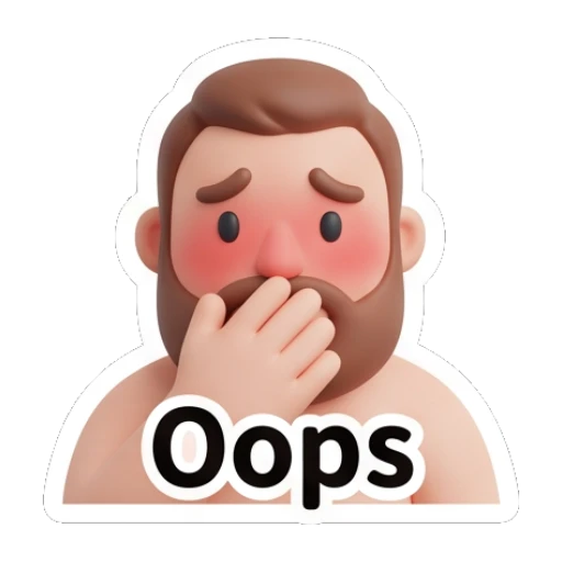 Bearded man looking embarrassed with blushing cheeks saying Oops. Bearded Buddy Expressions sticker for expressive chats and social replies.