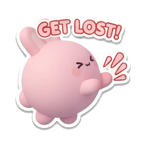 Pink bunny looking away dismissively with GET LOST text. Pink Bunny Daily Moods sticker for expressive chats and social replies.