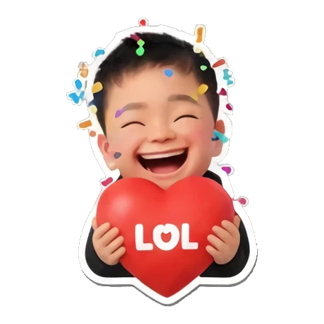 Little boy laughing and holding a red heart with LOL text. Little Boy Daily Expressions sticker for expressive chats and social replies.
