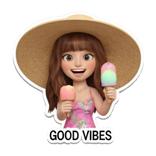 Girl with straw hat holding ice creams, smiling, text GOOD VIBES Summer Vacation Girl sticker for expressive chats and social replies.