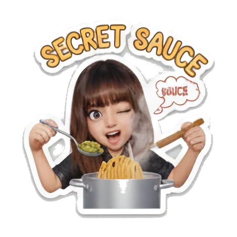 Girl chef tasting pasta, winking, SECRET SAUCE Little Chef Adventures sticker for expressive chats and social replies.
