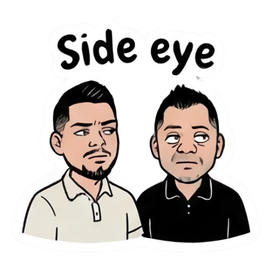 Twin brothers giving side-eye with 'Side eye' text. Twin Brothers Daily Vibe sticker for expressive chats and social replies.