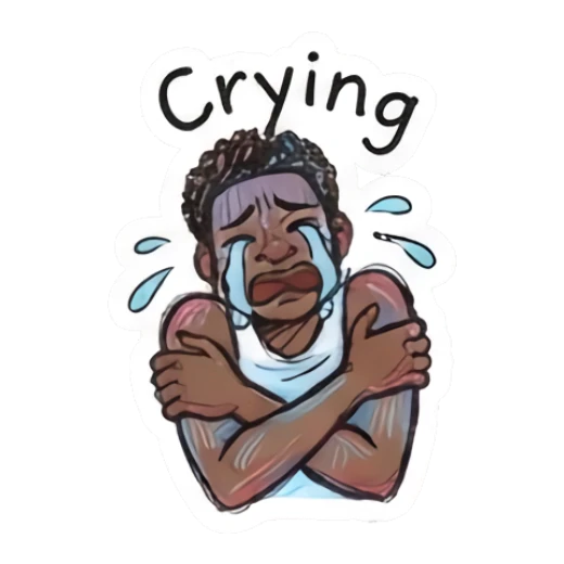 Sad young man hugging himself and crying with text Crying Doodle Boy Expressions sticker for expressive chats and social replies.