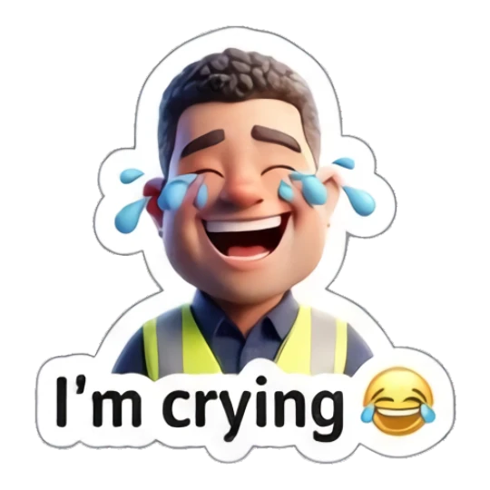 Worker laughing hysterically with tears of joy. Busy Worker Life sticker for expressive chats and social replies.