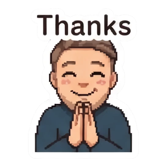 Grateful man with hands pressed together saying thanks. Pixel Guy Daily Vibes sticker for expressive chats and social replies.