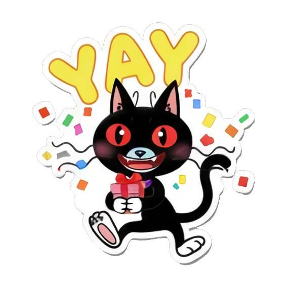 Black cat celebrating with confetti and YAY text Playful Black Cat Daily Life sticker for expressive chats and social replies.
