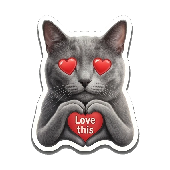 Gray cat holding a heart with heart eyes, text Love this Gray Cat Daily Vibes sticker for expressive chats and social replies.