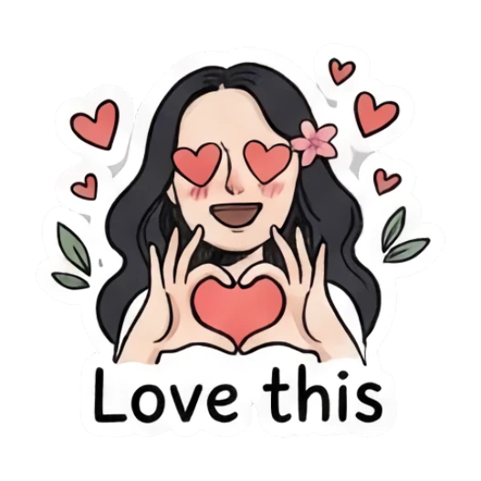 Girl making a heart shape with hands, eyes as hearts, text Love this Charming Girl Daily Expressions sticker for expressive chats and social replies.