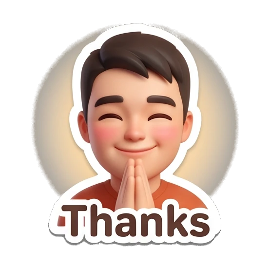 Boy with hands pressed together in gratitude and text Thanks. Cheerful 3D Boy Expressions sticker for expressive chats and social replies.