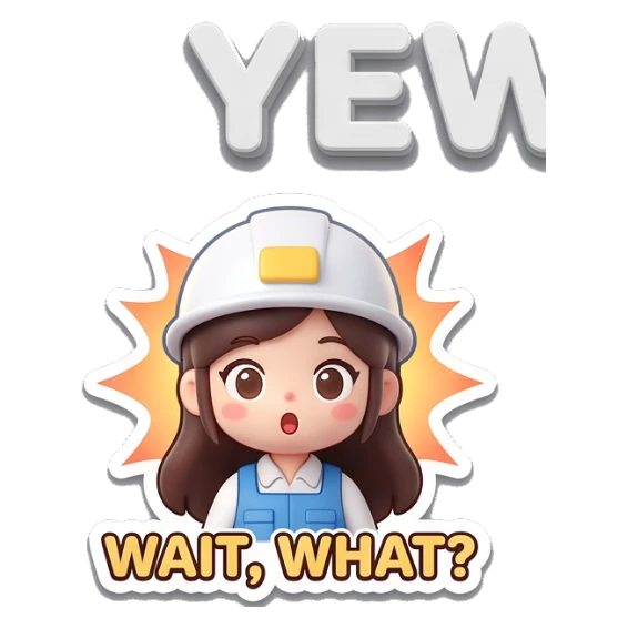 Construction girl with shocked expression saying WAIT WHAT Yewab Construction Crew sticker for expressive chats and social replies.
