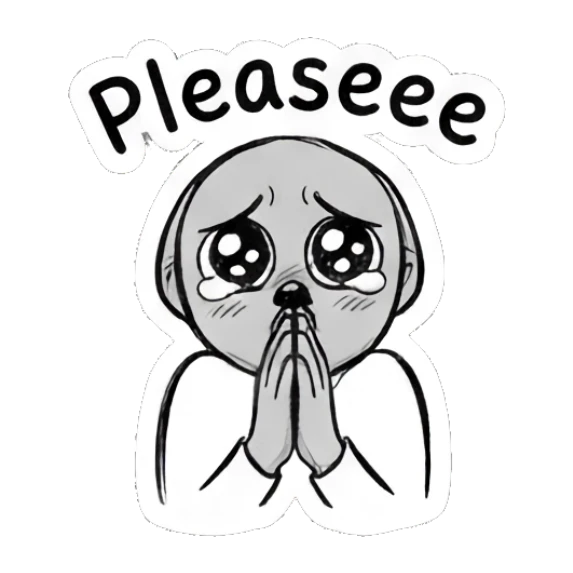 Character with puppy eyes pleading with hands together saying Pleaseee Daily Doodle Life sticker for expressive chats and social replies.